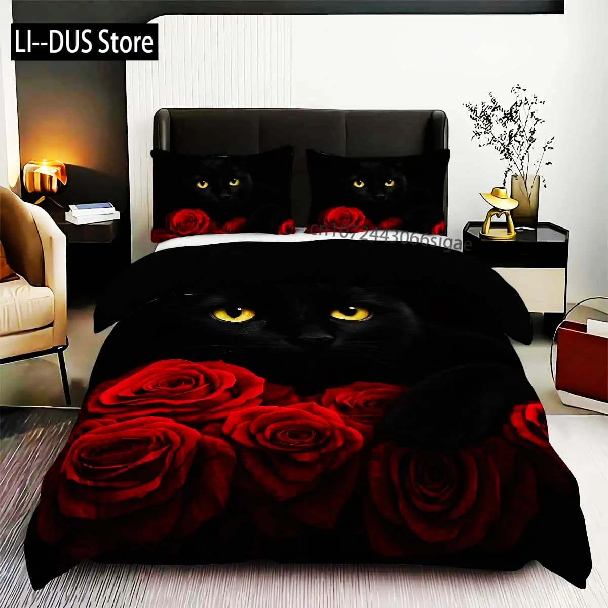 3 pezzi Set di biancheria da letto stampata con motivo copripiumino gatto nero 1 * Copripiumino 2 * Federa adatta per letto king size Letto singolo per tutte le stagioni