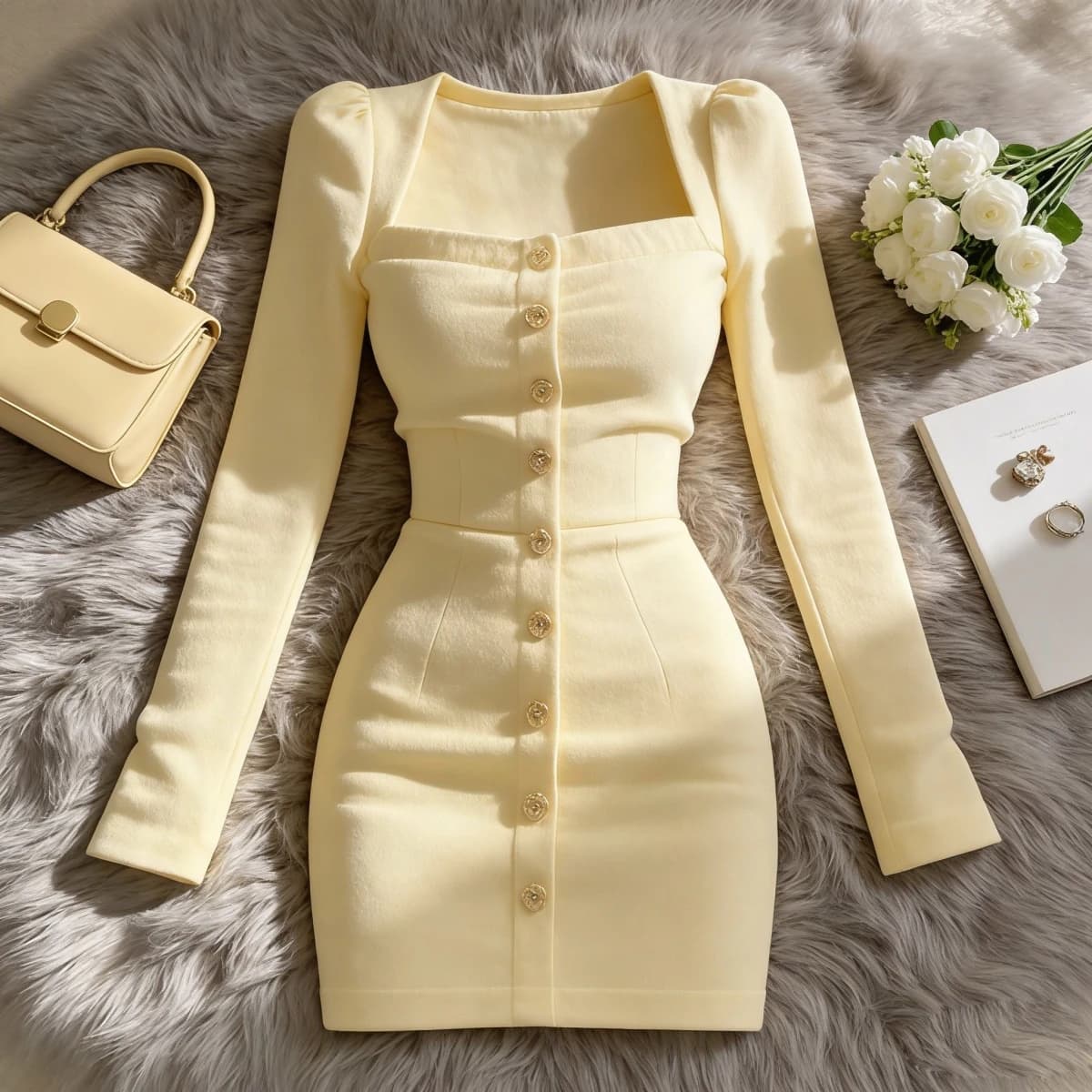 Elegante Abito Aderente da Donna a Maniche Lunghe con Scollo Quadrato, Gonna a Trapezio a Vita Alta Modellante, con Bottone Singolo