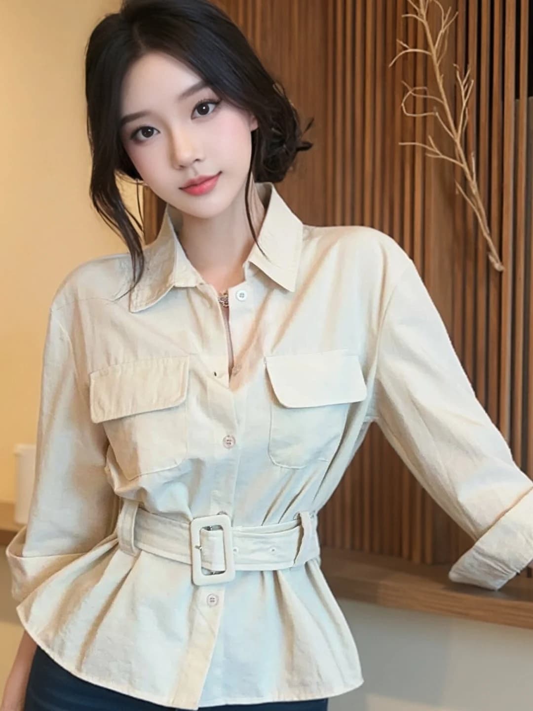 Camicia Sexy con Effetto Snellente, Colletto dal Design Elegante, Maniche a Tre Quarti, Cintura in Vita Alta, Nuovo Stile Autunnale, Top Premium per Ragazze Alla Moda