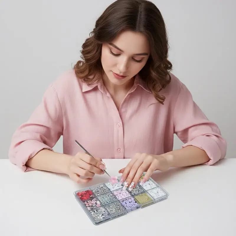 Kit Decorazione Unghie 3D con 12/15 Griglie/Scatola, Fiocchi in Resina, Perle, Cuori e Forme Assortite, Charm Kawaii per Manicure Fai-da-Te