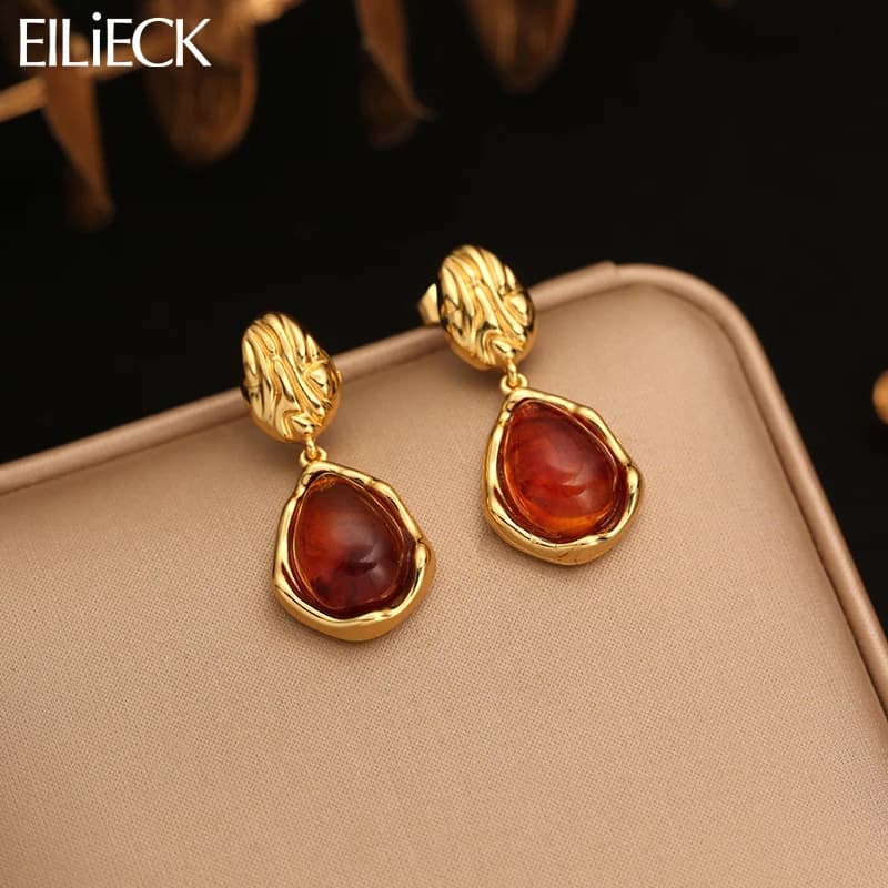 EILIECK Women's Vintage Brown Stone Dangle Earrings 18K Gold-plated Stainless Steel Ear Stud Water-resistant Daily Jewelry