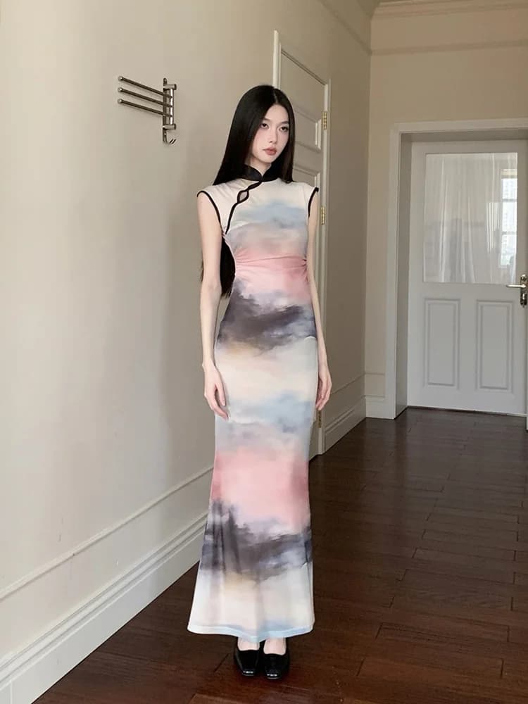 Abito Lungo Estivo da Donna Senza Maniche in Rete Elastica con Sfumature Effetto Pittura ad Acquerello, Stile Cinese Moderno Migliorato