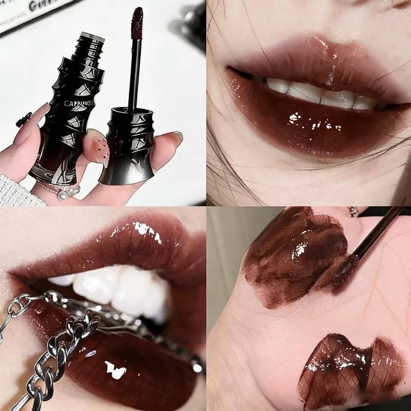 Punk Dark Red Lip Gloss Mirror Shine Silky Moisturizing Texture Lip Glaze Non-Sticky Chocolate Red Cherry Watery Glossy Lip Tint