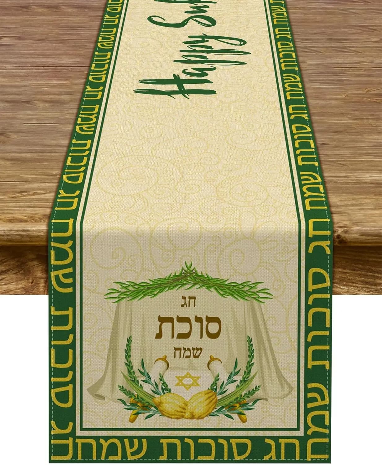 Happy Sukkot Linen Table Runner Dresser Scarf Sukkah Etrog Lulav Jewish Festival Holiday Party Kitchen Dining Home Decoration