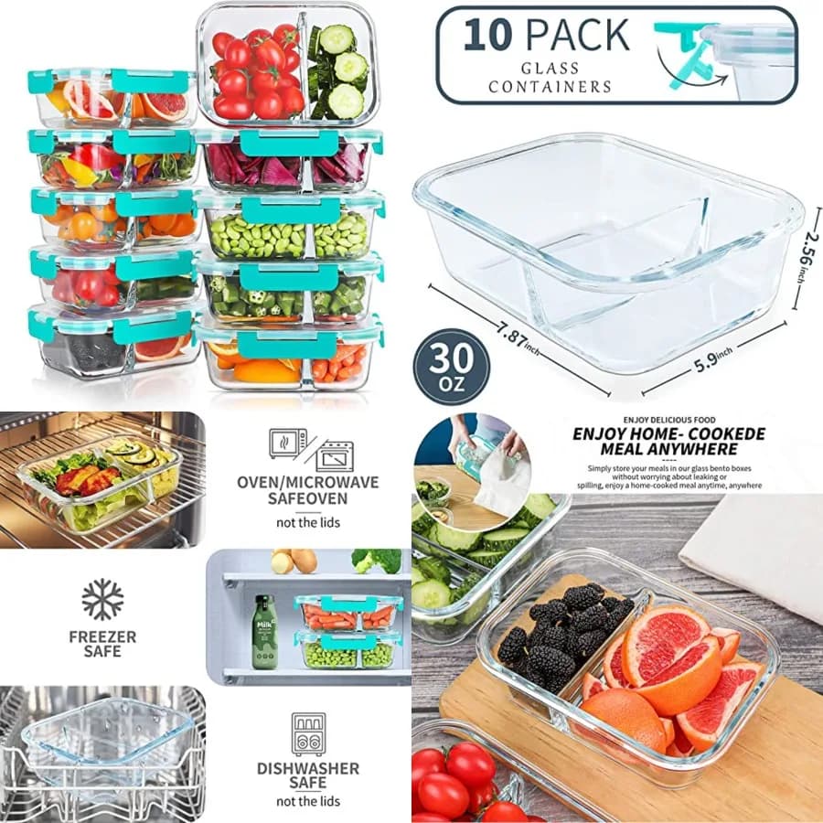 10 Confezioni di Contenitori in Vetro da 30oz per Preparazione Pasti, 2 Scomparti, Contenitori in Vetro per Alimenti con Coperchi, Bento Box Ermetici in Vetro