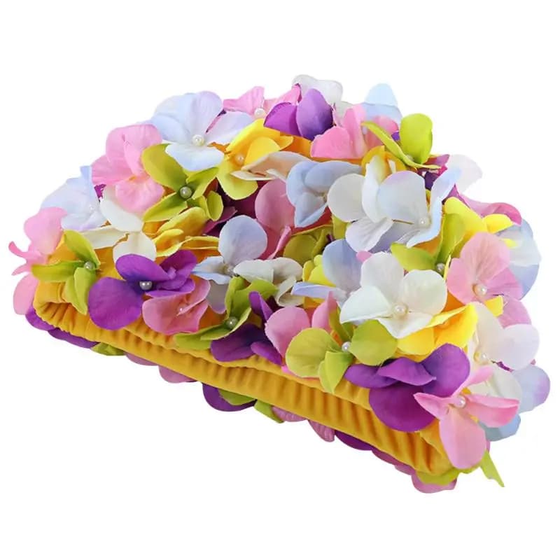 Retro swim cap with floral petal woman, summer fashion, flower, beach, bath hat, swimming pool, beach, vacation