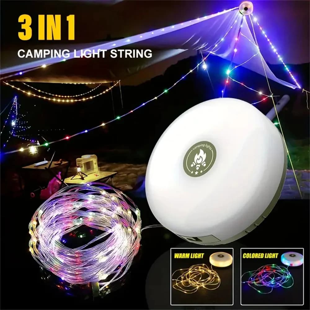 Luce da campeggio da 10M Luce da tenda 3 in 1 Ricaricabile RGB e luce calda 8 modalità Luce da fata a LED sospesa per esterni/interni per il campeggio