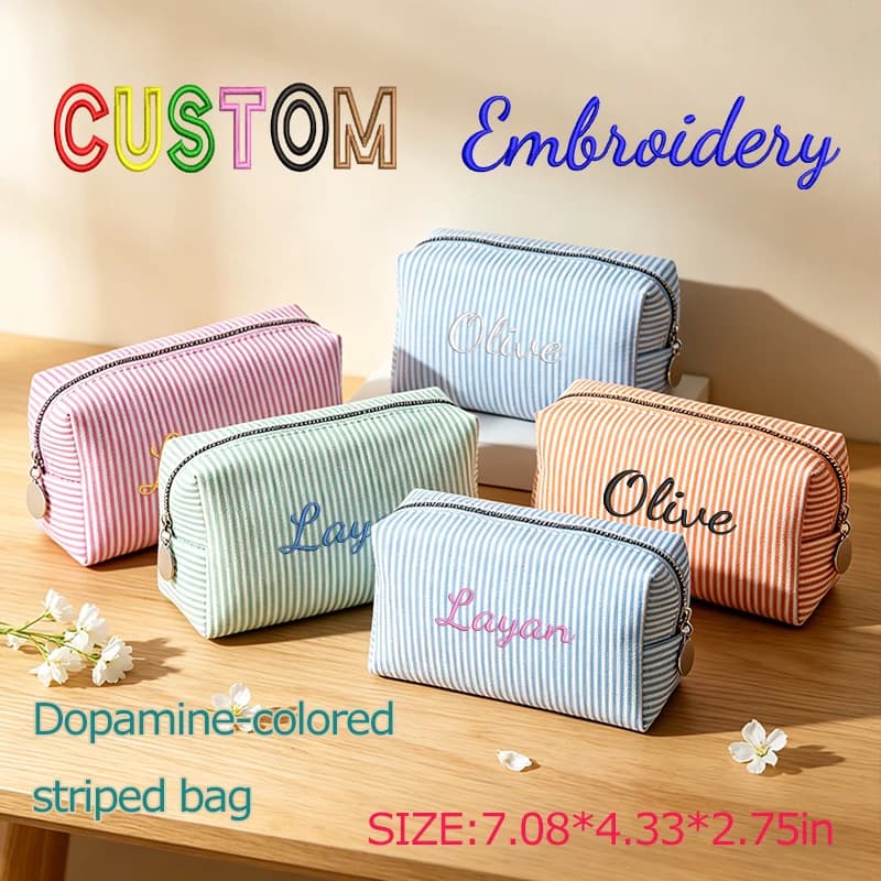 Ricamo personalizzato/2 opzioni stile standard, pochette in filato a bolle a righe, borsa per il trucco, stagione rientro a scuola, ottima idea regalo!