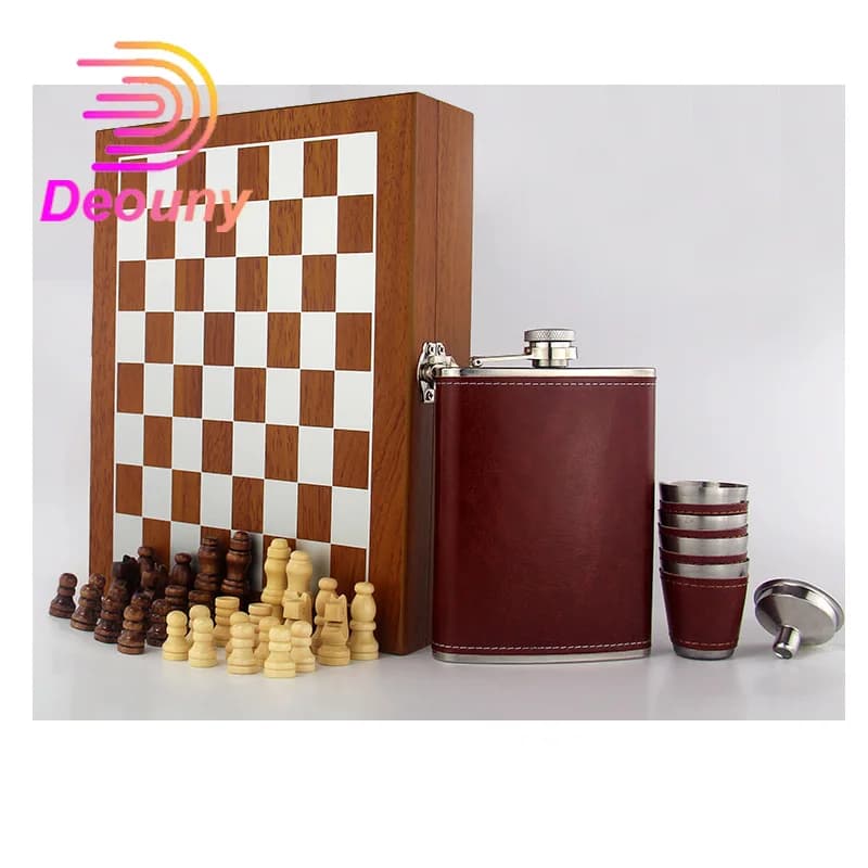 DEOUNY fiaschetta per scacchi in acciaio inossidabile set di boccette per vino nero russo scatola di legno per esterni bicchieri 8OZ