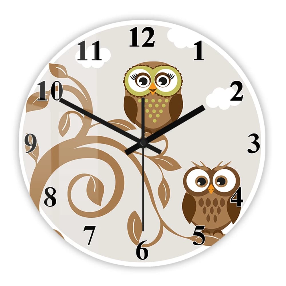Orologio da Parete al Quarzo Silenzioso con Gufo Cartoon su Ramo d'Albero per Cameretta Bambini, Stanza dei Giochi, Decorazione Casa con Animali del Bosco