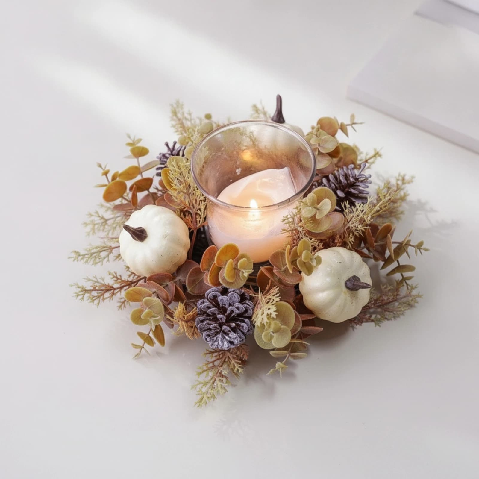 Wreath with Glass Holder Harvest Candle Circle Centerpiece Autumnal Wreaths Festive for Hosts, Tabletop, Thanksgiving
