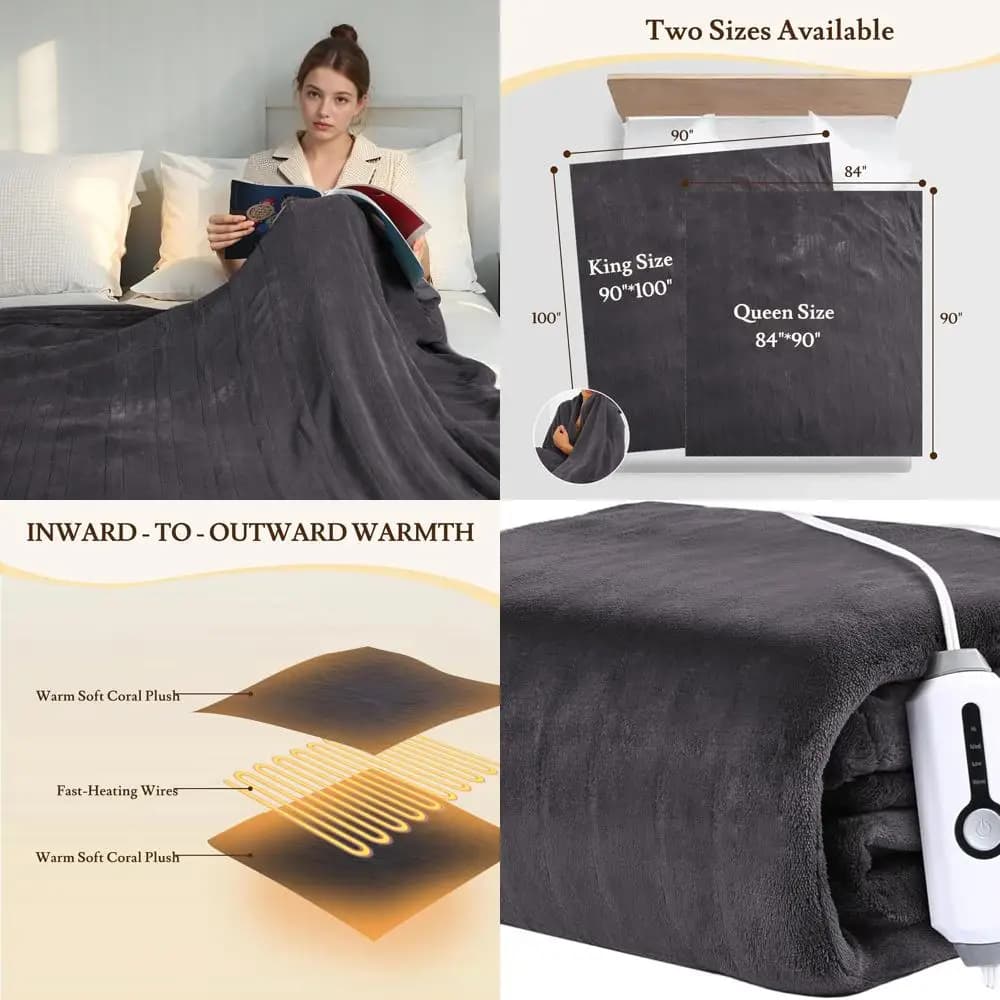 Coperta elettrica Queen Size 84x90 con 4 livelli di calore, doppi controlli, timer 10 ore, morbido pile corallo, protezione dal surriscaldamento, grigio scuro