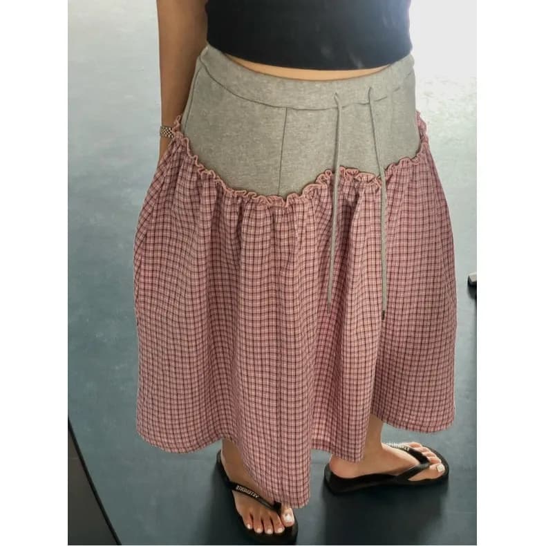 Retro Cute Plaid Patchwork Color Block Mid-length Women's Skirt Elastic Waist Japanese Style Citywalk Cotton Polyester Blend