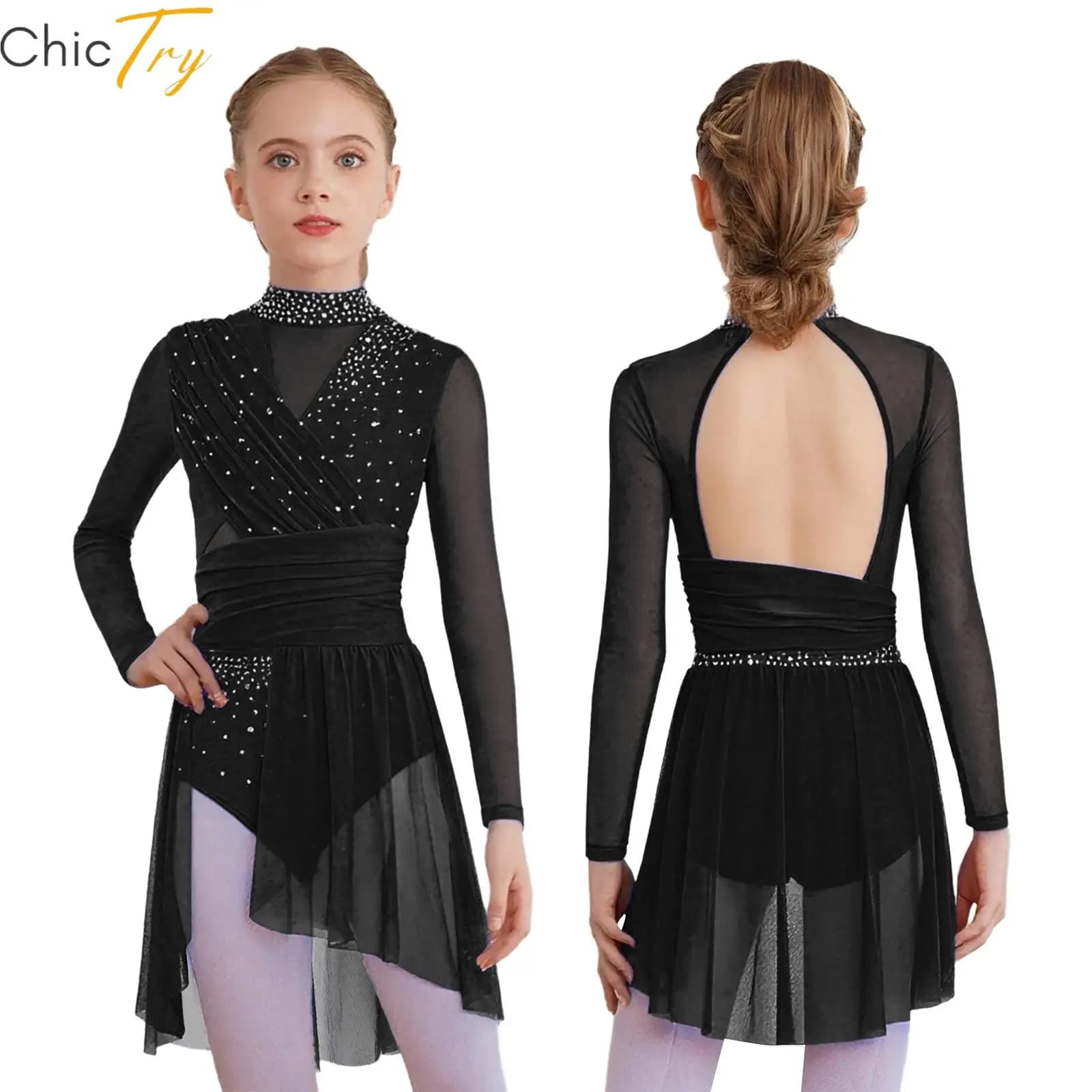 Bambini Ragazze Ginnastica Pattinaggio su ghiaccio Balletto Vestito da ballo lirico Costume di scena Maglia trasparente increspata Design con strass scintillanti