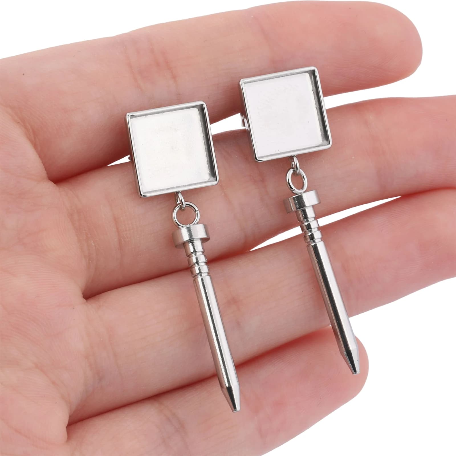 6 pcs. Stainless Steel Pin Earrings Base for 10 mm Square Cabochon, with Nail Closure, for Creation Jewelry Make by You