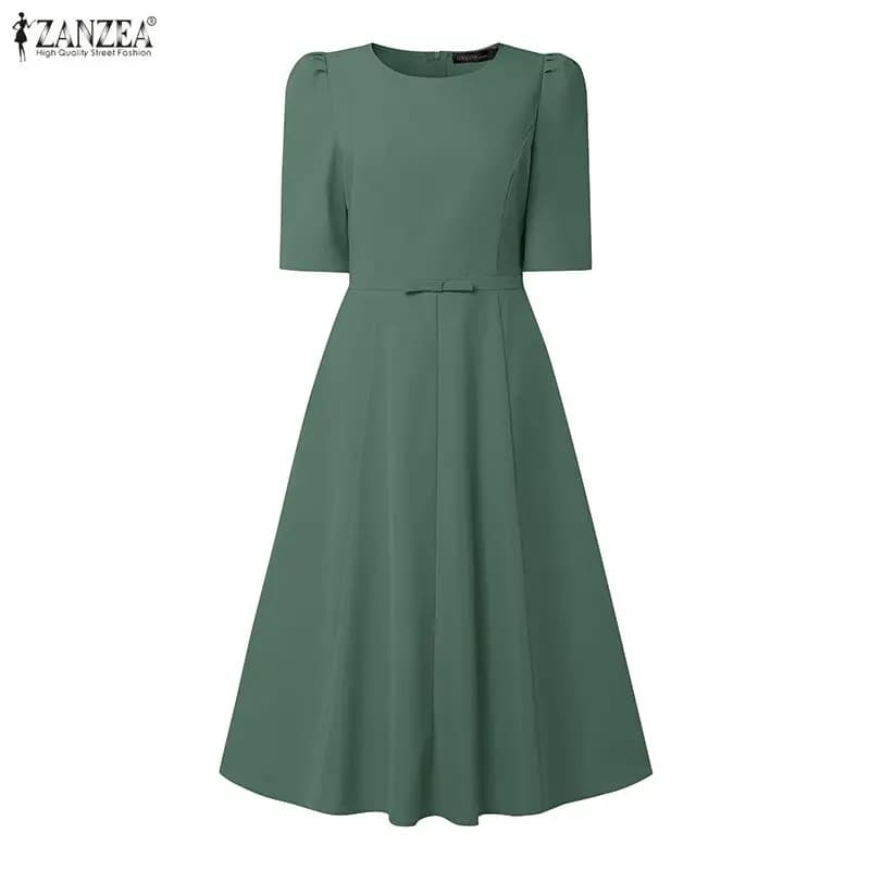 Summer Dress 2026 Women's ZANZEA Elegant Color Unit for Office, Sleeve Dress Court Dress with Neckline O, High Waist Dress Line A, Elegant Style