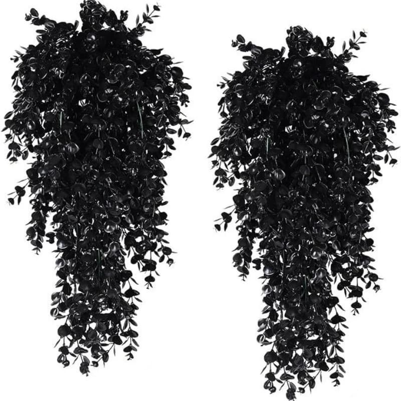 2 Pezzi di Foglie di Eucalipto Artificiali, Pianta Pendente in Plastica Nera per Decorazioni da Esterno e Interno, Casa, Stanza, Patio, Halloween