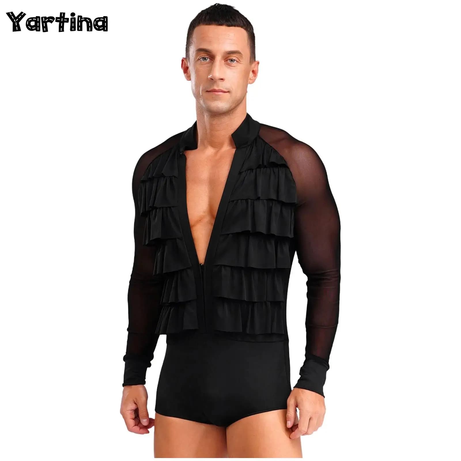 Costume da uomo per valzer, sala da ballo, performance di danza, tango latino, body, camicie, maglia trasparente, volant a strati, pattinaggio di figura