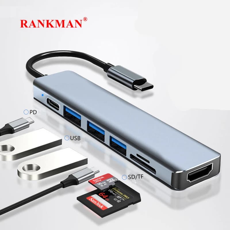USB C Hub with HDMI 4K, USB 3.0, 2.0, Charging Type C, SD Card Reader TF, Dock for MacBook, iPad, Samsung S21, Dex TV, Mouse
