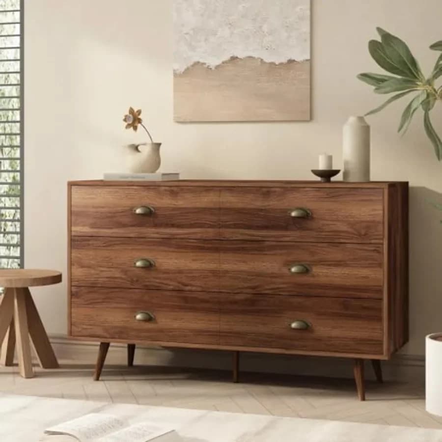 Bedroom walnut 6-drawer dresser, 47-inch wood dresser with gold handles for modern storage solution