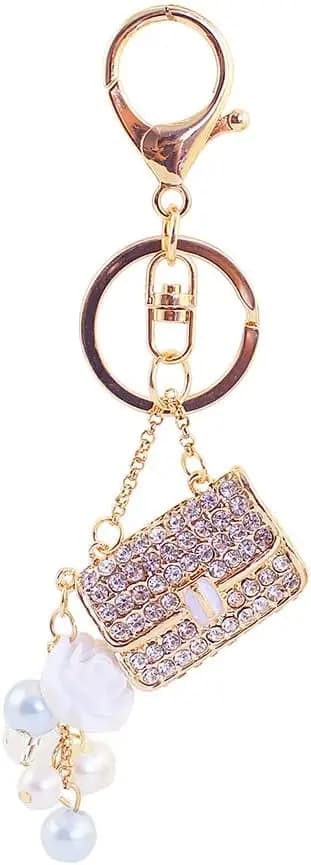 Portachiavi con Catena a Forma di Camelia con Perle Simulate e Cristalli, Portachiavi per Auto con Strass, Porta Borsa con Fibbia, Confezione Singola