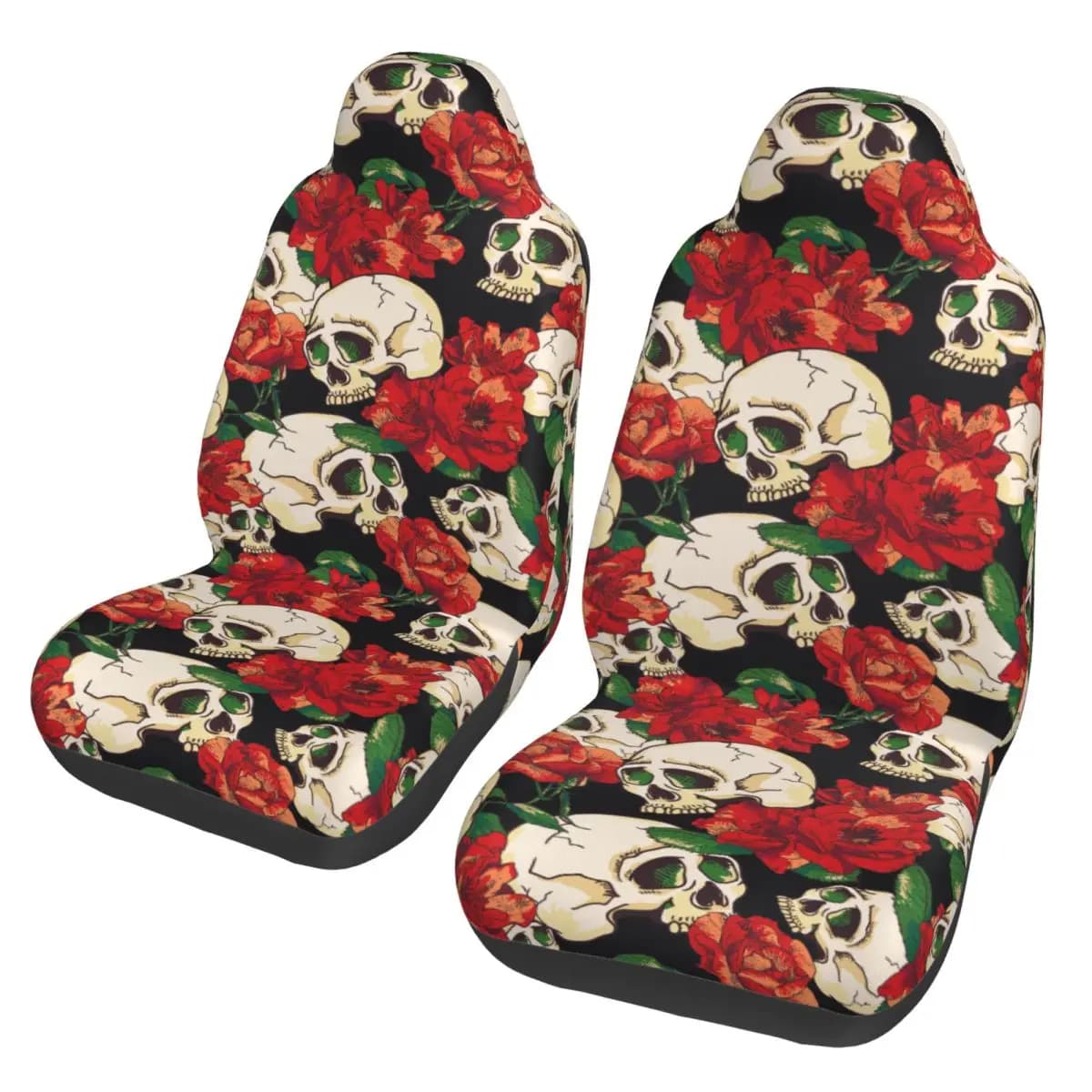 Universal Car Seat Cover with Floral Pattern and Skull, Protection for Vintage Seats for Women, Four Seasons, Fiber