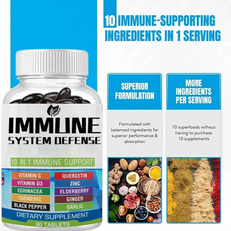 Integratore di supporto del sistema immunitario 10 in 1 con Quercetin Vitamina D3 (5000IU) Sambuco Echinacea Pepe nero 60 capsule