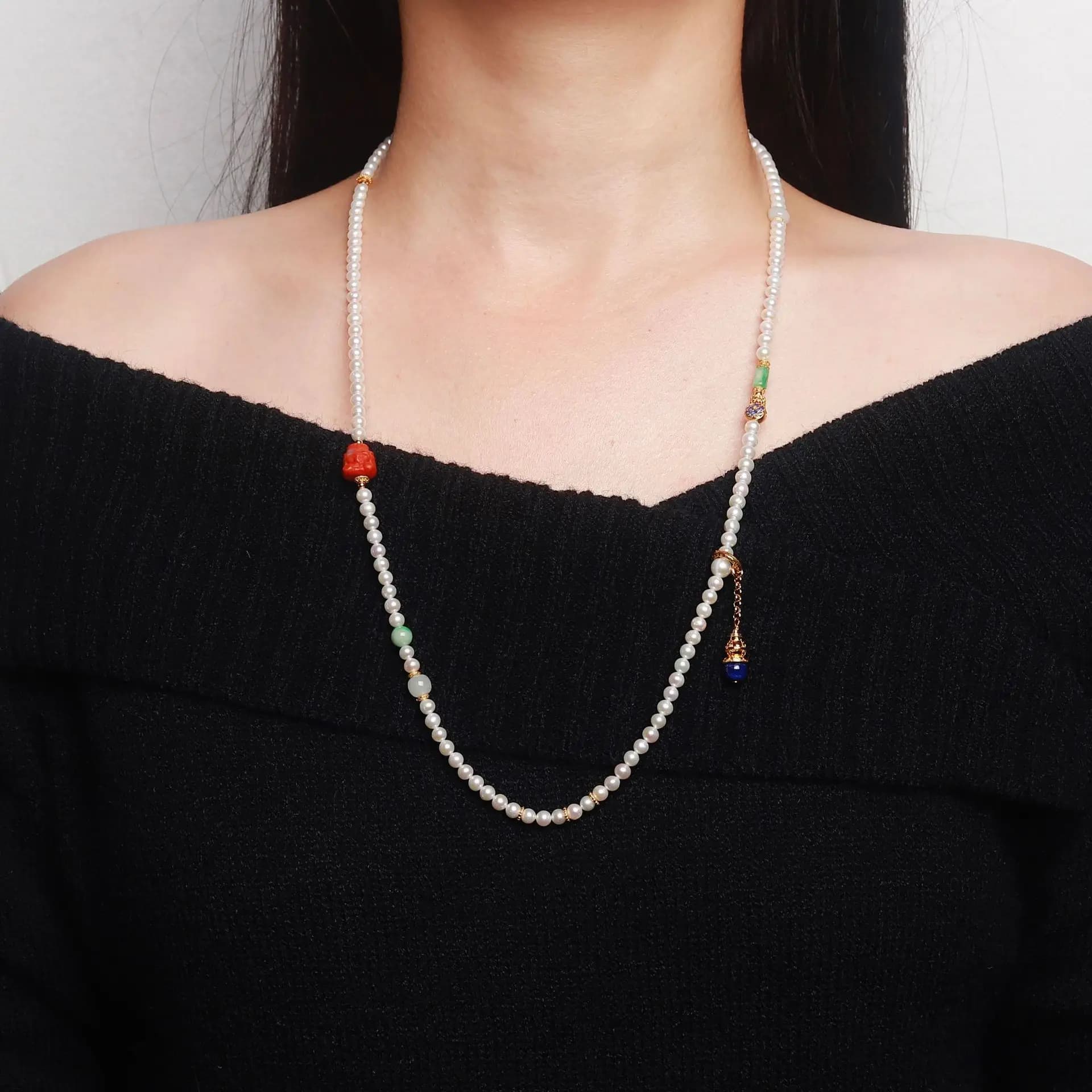 Collana e bracciale di perle d'acqua dolce in argento sterling S925 - Gioielli multi-pietre preziose di lapislazzuli di giada bianca agata