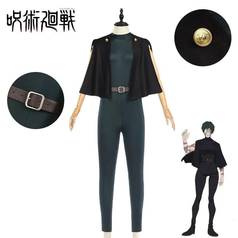 Costume Cosplay Anime Zenin Maki, Dark Green Suit with Black Mantle, Jujutsu Costume with Belt for Men and Women, for Halloween and Holidays