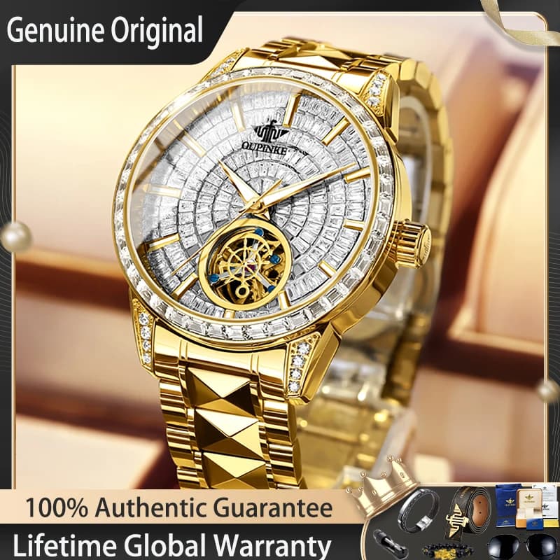 OUPINKE Gold Luxury Mens Watch Skeleton Automatic Mechanical Watch 50M Waterproof Super Luminous Tungsten Steel Diamond Watch