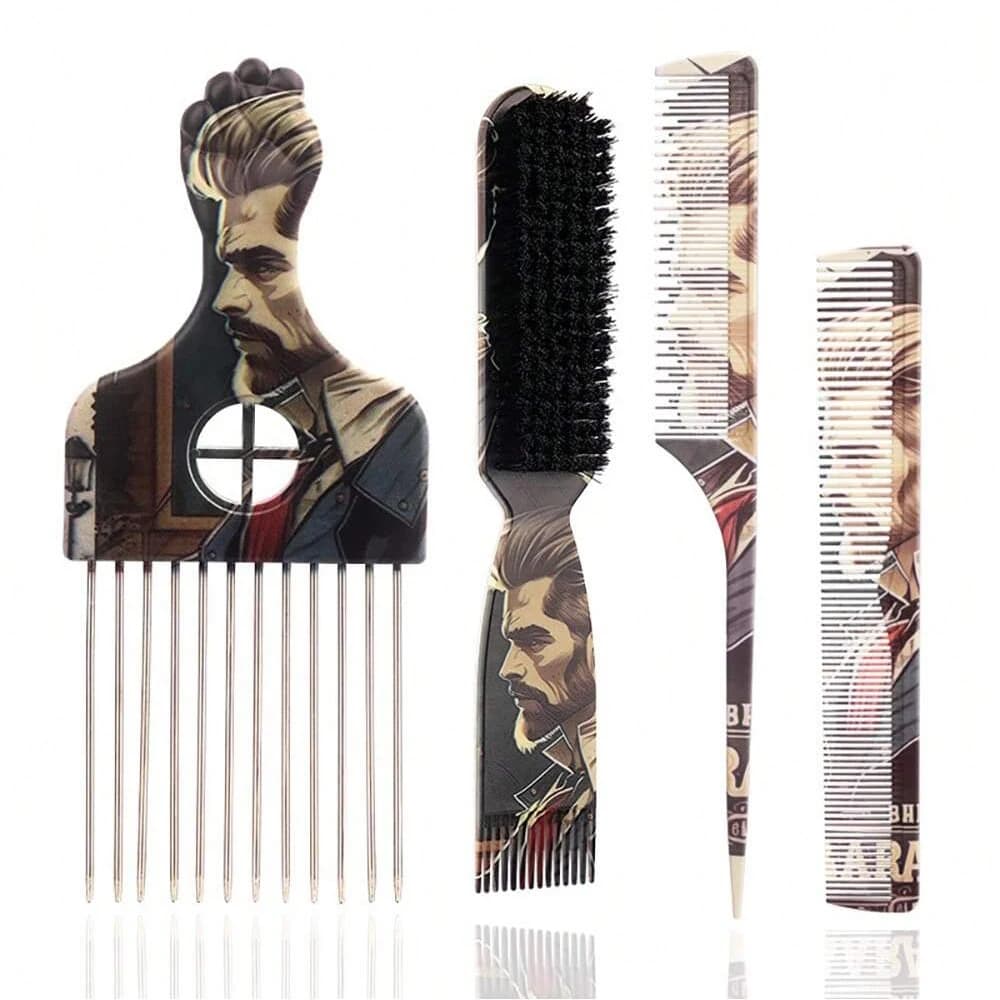 4Pcs Retro Hair Styling Set Beard Styling Brush Professional Shaving Beard Brush Hair Cutting Retro Oil Head Styling Tools