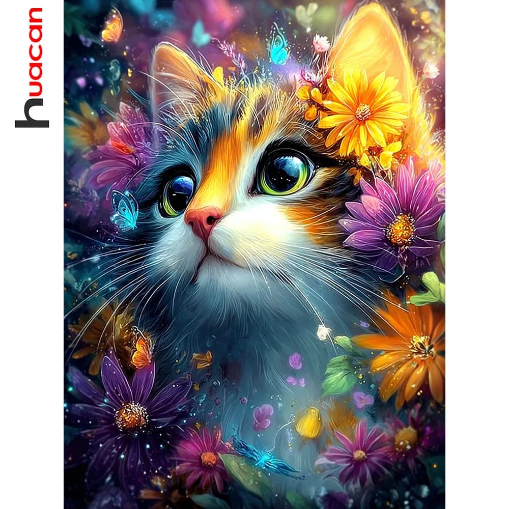 Huacan New Arrivals 2026 5D DIY Diamond Painting Cat Daisy Diamond Mosaic Animal Flower Kit Gift