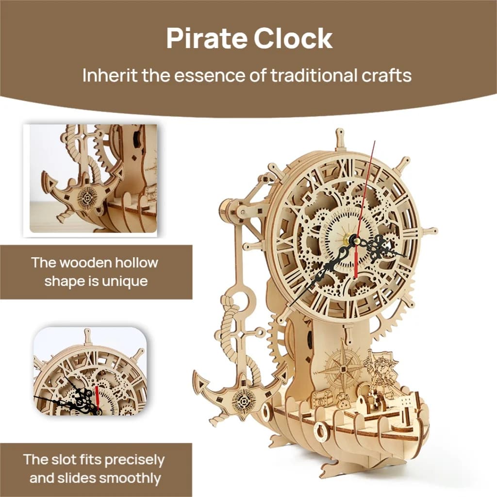 OUZEY Orologio per nave pirata in legno 3D - Kit di costruzione di modelli meccanici fai-da-te, progetto di assemblaggio educativo per adulti e adolescenti dai 14 anni in su
