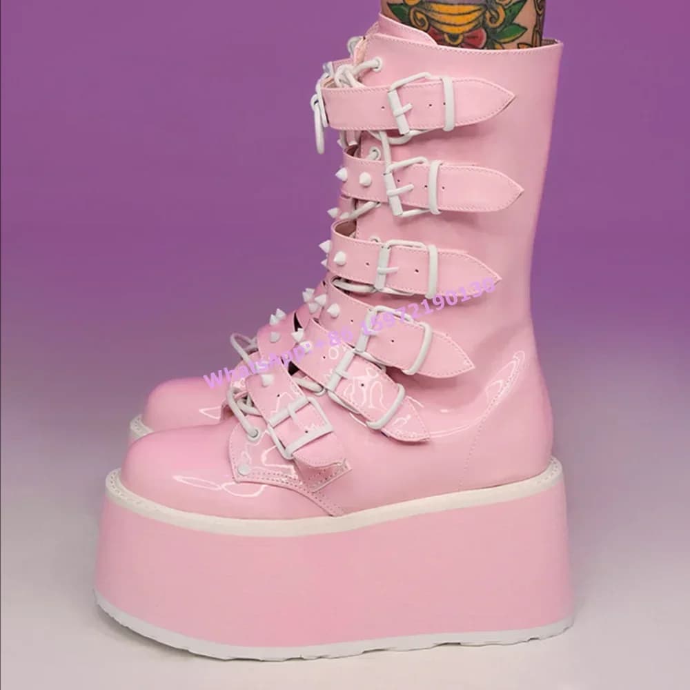 Pink Multi-Figree Boots Belt with Rivets with Plateau Cross Belt with Laces Sweet shoes with thick sole Beautiful girls dress boots with half calf