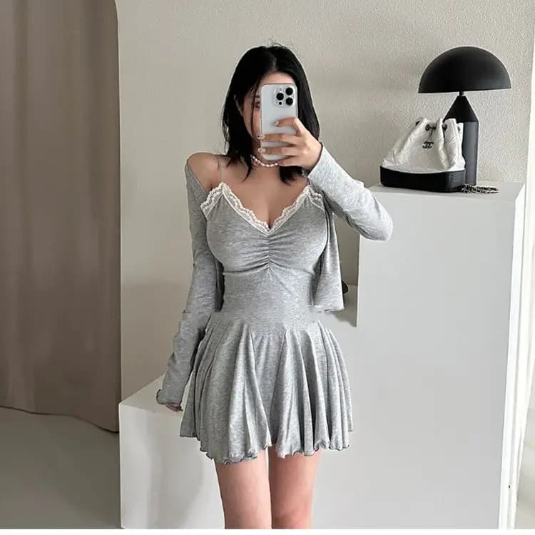 Gagarich Abito coreano primaverile/estivo nuovo stile con pizzo e cintura plissettata, cardigan a maniche lunghe, set 2 pezzi da donna