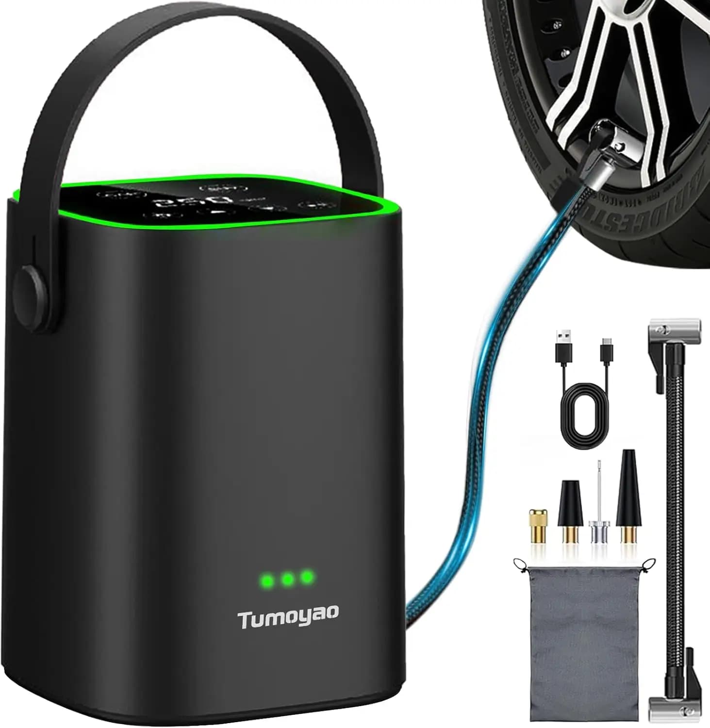 Gonfiatore per pneumatici compatto portatile ricaricabile 150 PSI per auto, biciclette, motocicli - Kit di manutenzione veicoli