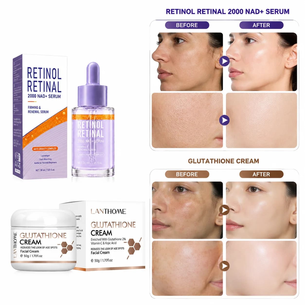 Retinol Retinaldehyde 2000 NAD+ Serum + 2% Glutathione Cream, enriched with Vitamin C and kojic acid, firms, smooths, and evens