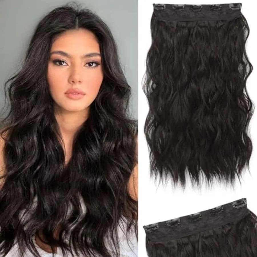 Clip in Hair Extensions, 20" One Piece Hair Extension Clip in Wefts Long Thick Beach Wavy Natural Soft Synthetic Hairpieces for