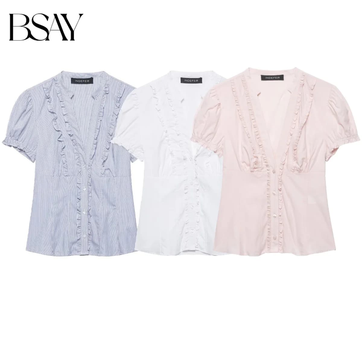 BSAY Camicia Estiva da Donna in Popeline a Maniche Corte con Decorazione Laminata, Tinta Unita, Scollo a V, Elegante Blusa Femminile 2026, Top Chic da Donna