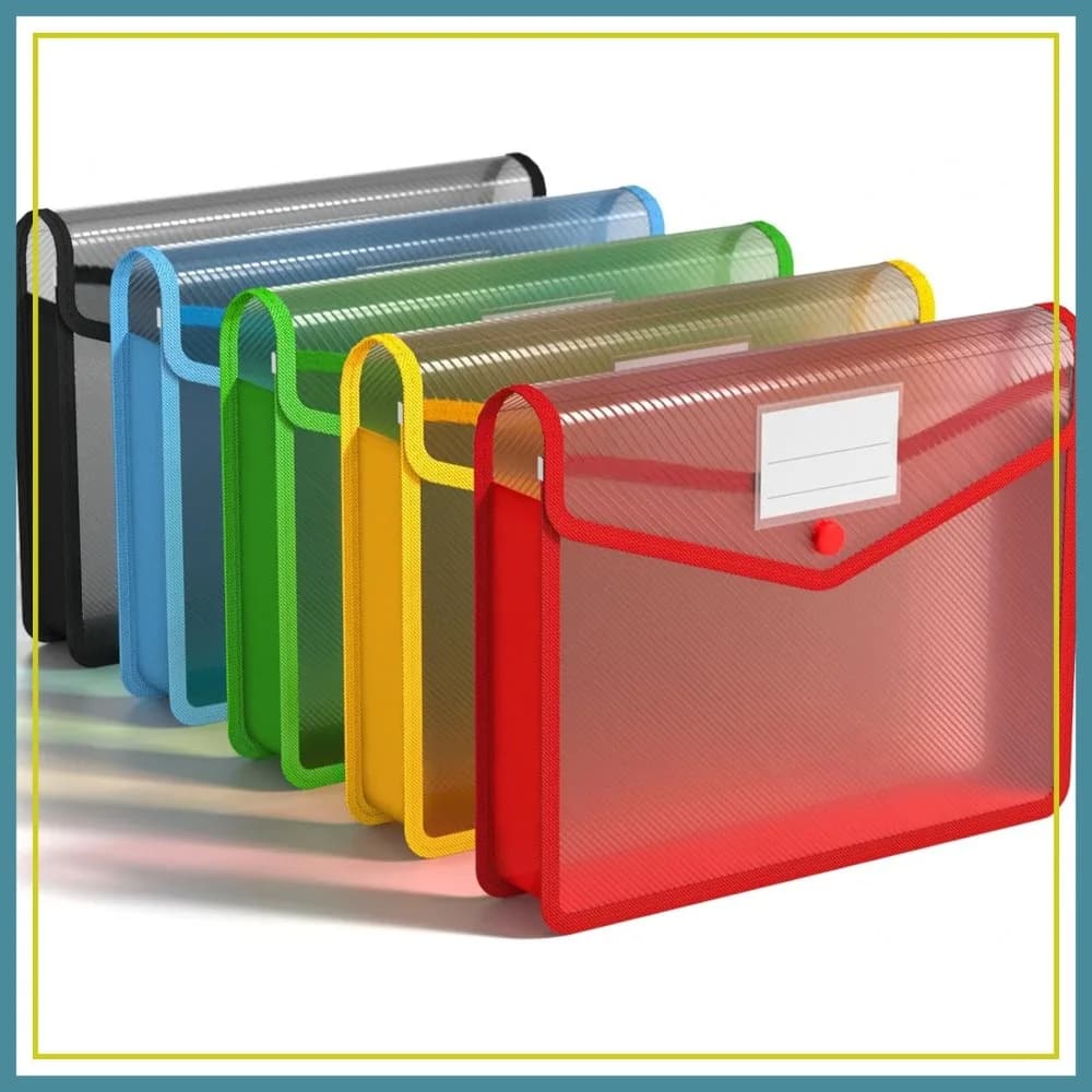Confezione da 5 portadocumenti espandibili A4 con chiusura a bottone a pressione, 5 colori