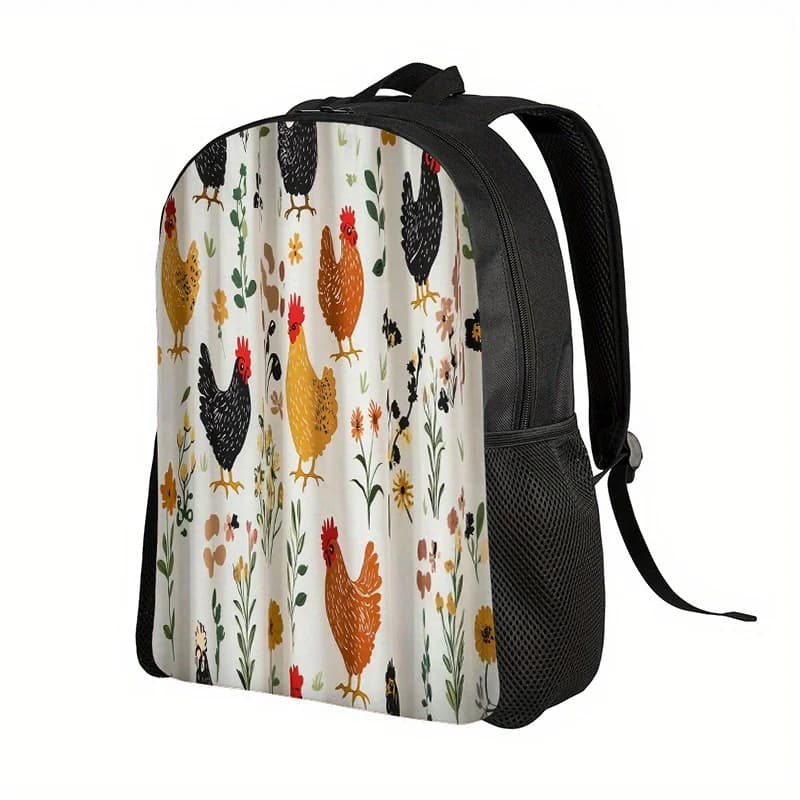 A light casual backpack with flat 2D print depicting farm chicks and wild flowers, with robust design with zip closure.