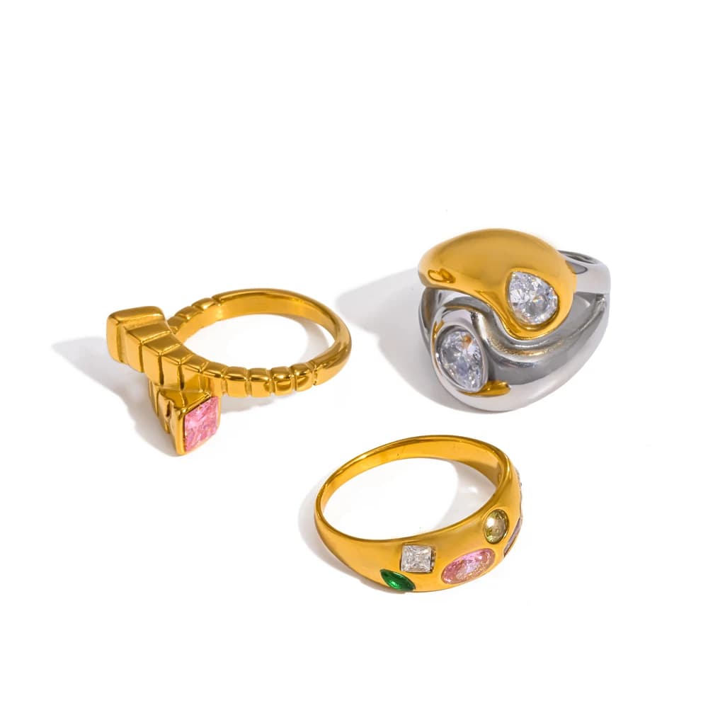 New Fashion Colored Zircon Stainless Steel Ring 18K Gold Plated Stackable Women's Jewelry Party Gift