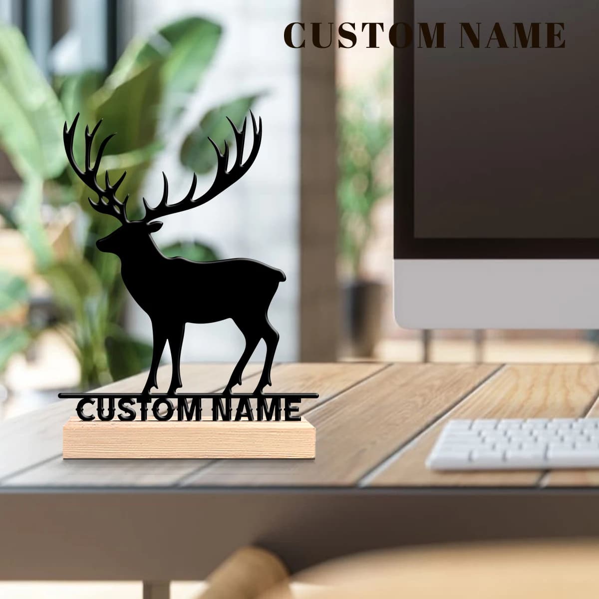 1pc Metal Desktop Decoration Customizable Content Equipped with Wooden Base Desktop Decorations,Office Decorations
