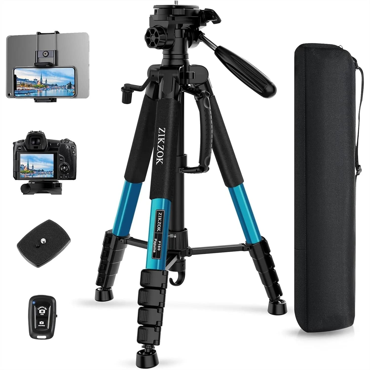Treppiede per Fotocamera Professionale da 75 Pollici con Telecomando Bluetooth, Carico Massimo 6,8 kg, Treppiede da Viaggio in Alluminio per DSLR/Smartphone/Tablet/Proiettore