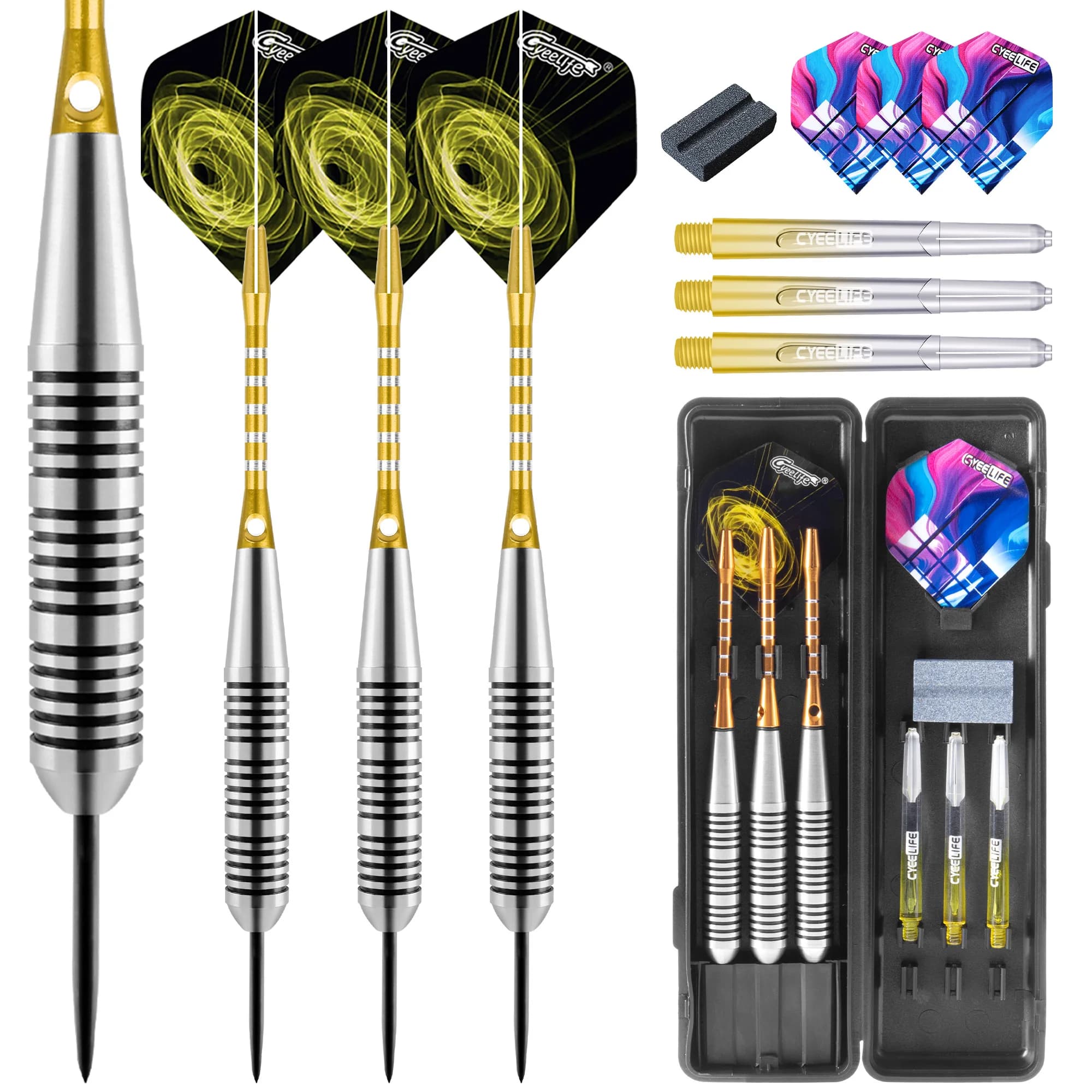 CyeeLife 30G 3 pezzi Set di freccette con punta in acciaio Volo standard in PET, freccette in acciaio inossidabile Alberi in alluminio Punta in acciaio con scatola di immagazzinaggio