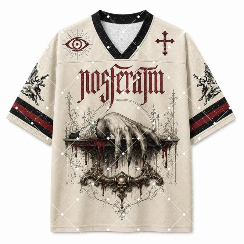 Nosferatu Vampire Gothic Print V‑Neck T‑Shirt Men Retro Horror Dark Cross Angel Short Sleeve Loose Streetwear Sport Tee