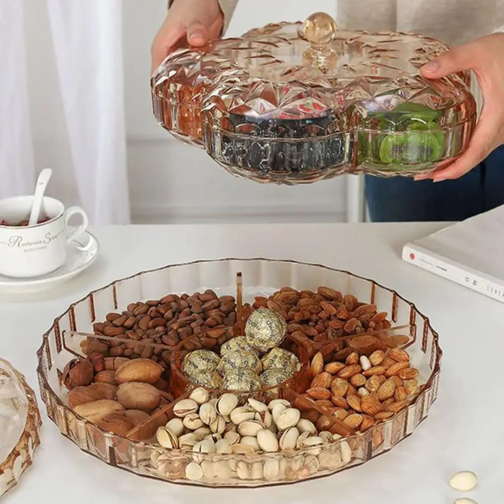 Piatto di frutta con scomparti Vassoio rotondo in plastica per snack con coperchio 6 scomparti divisi antipolvere per secchi per biscotti