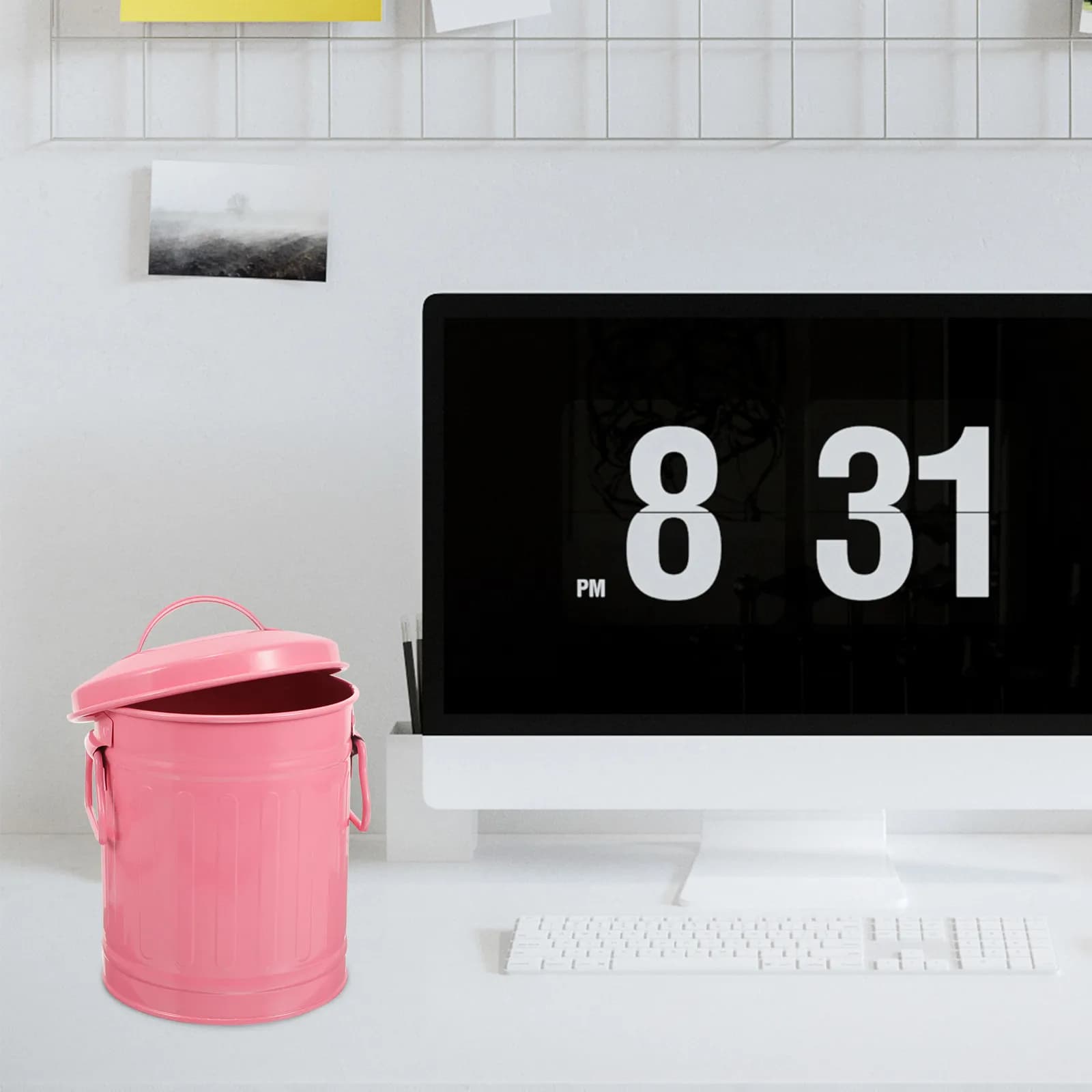 Cestino da scrivania in metallo con coperchio, piccolo contenitore per rifiuti in ferro per ufficio, casa, camera da letto, cucina, auto, design minimalista, multiuso, vaso per fiori