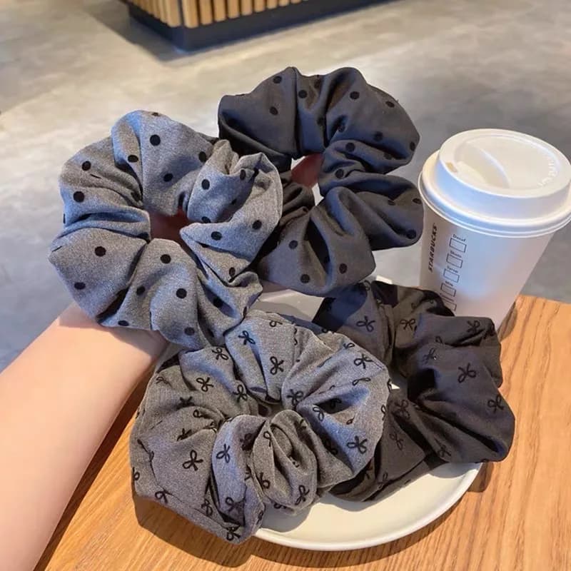 2024 New Polka Dot Hair Ties Rope Women Large Size Heart Bowknot Printed Scrunchies Grey Black Hairband Ponytail Holder Headwear