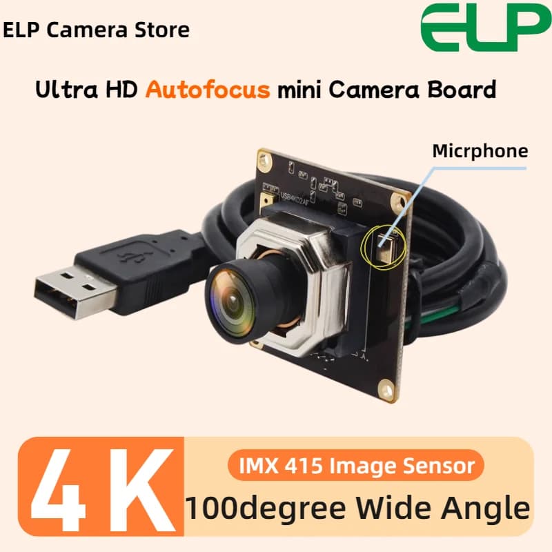 Webcam Mini PC ELP 4K Ultra HD 100 ° Modulo Fotocamera USB IMX415 con Grandangolo e Autofocus, Doppio Microfono per Android, Linux e Windows